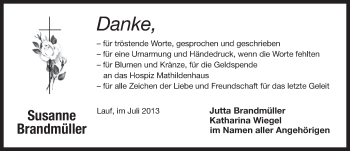 Traueranzeige von Susanne Brandmüller von Pegnitz-Zeitung